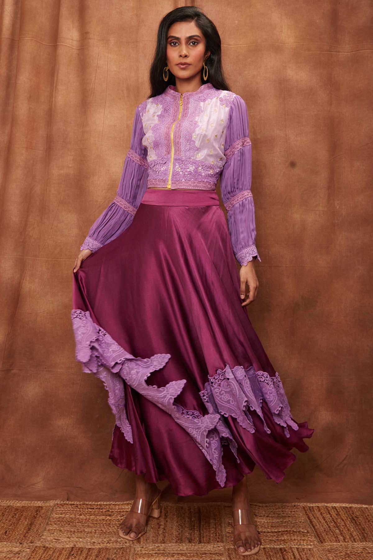 Buy Purple Silk Jacket & Laced Skirt for Women Online